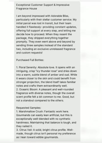 Floral Serenity: Absolute love. It opens with an intriguing, crisp "icy thunder rose" and dries down into a warm, sub...